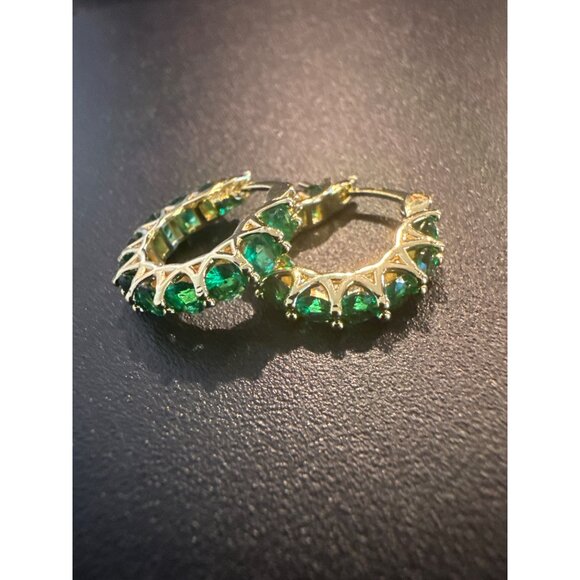 Gold Hoop Earrings With Emerald-Green Stones CZ Fashion Jewelry - Picture 3 of 4
